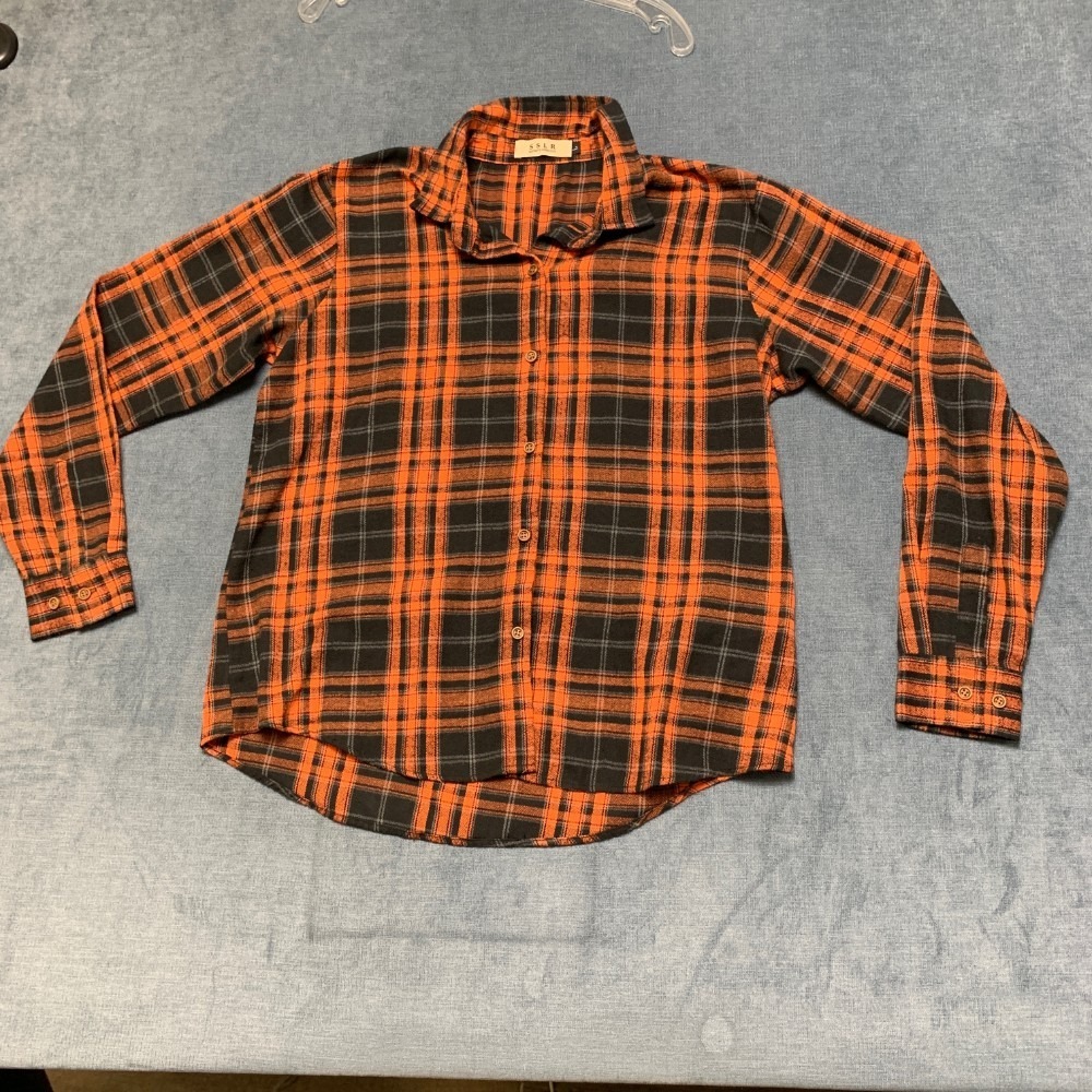 SSLR Flannel Shirt Womens Large Orange Black Plaid Long Sleeve Button Up Casual